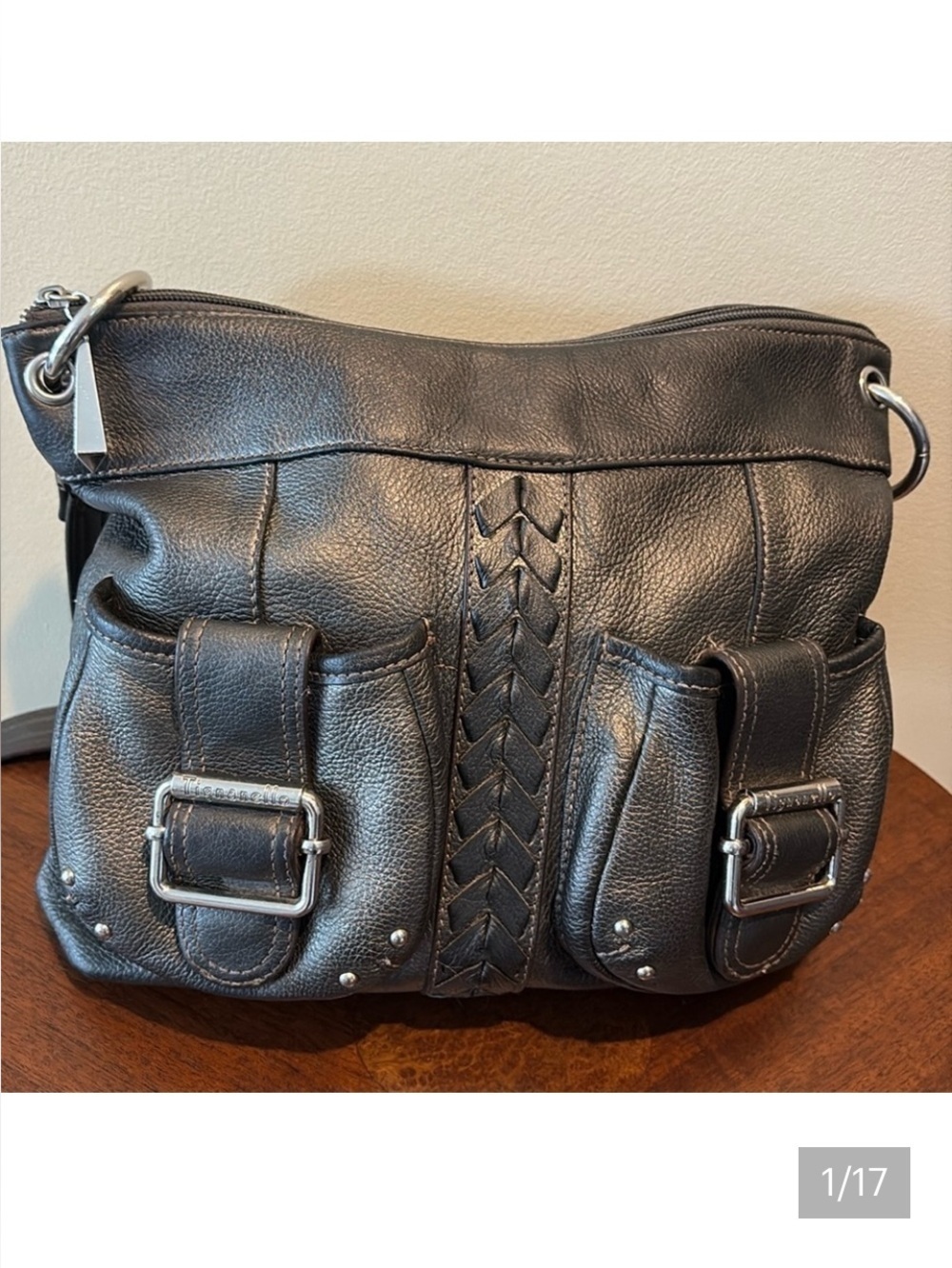 Tignanello shoulder bag  genuine, pebbled leather  pewter charcoal
Silvertone HW